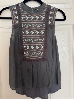 Sleeveless Grey Embroidered Tank Top with Crochet Trim